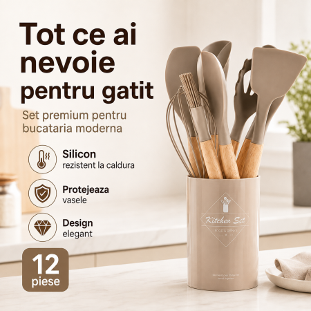 Ustensile gătit - Set Ustensile Bucatarie din Silicon termorezistent Bej, 12 Piese, Maner Lemn