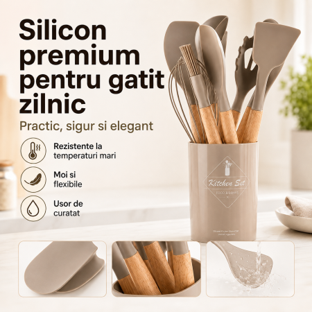 Set Ustensile Bucatarie din Silicon termorezistent Bej, 12 Piese, Maner Lemn [2]