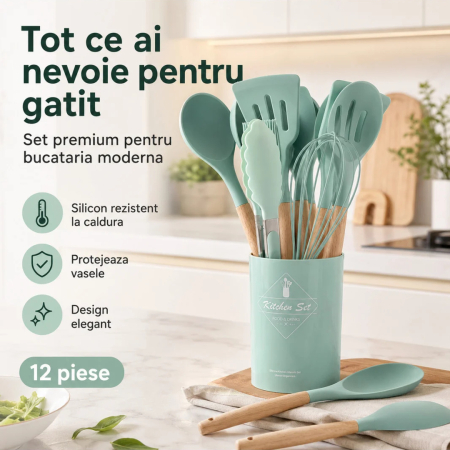 Bucatarie si gatit - Set Ustensile Bucatarie din Silicon termorezistent Verde, 12 Piese, Maner Lemn, pentru bucatarie - imagine principala produs|Set Ustensile Bucatarie din Silicon termorezistent Verde, 12 Piese, Maner Lemn, pentru bucatarie - detaliu produs 2|Set Ustensile Bucatarie din Silicon termorezistent Verde, 12 Piese, Maner Lemn, pentru bucatarie - detaliu produs 3|Set Ustensile Bucatarie din Silicon termorezistent Verde, 12 Piese, Maner Lemn, pentru bucatarie - detaliu produs 4|Set Ustensile Bucatarie din Silicon termorezistent Verde, 12 Piese, Maner Lemn, pentru bucatarie - detaliu produs 5|Set Ustensile Bucatarie din Silicon termorezistent Verde, 12 Piese, Maner Lemn, pentru bucatarie - detaliu produs 6