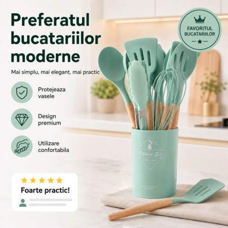 Set Ustensile Bucatarie din Silicon termorezistent Verde, 12 Piese, Maner Lemn, pentru bucatarie - imagine principala produs|Set Ustensile Bucatarie din Silicon termorezistent Verde, 12 Piese, Maner Lemn, pentru bucatarie - detaliu produs 2|Set Ustensile Bucatarie din Silicon termorezistent Verde, 12 Piese, Maner Lemn, pentru bucatarie - detaliu produs 3|Set Ustensile Bucatarie din Silicon termorezistent Verde, 12 Piese, Maner Lemn, pentru bucatarie - detaliu produs 4|Set Ustensile Bucatarie din Silicon termorezistent Verde, 12 Piese, Maner Lemn, pentru bucatarie - detaliu produs 5|Set Ustensile Bucatarie din Silicon termorezistent Verde, 12 Piese, Maner Lemn, pentru bucatarie - detaliu produs 6 [4]