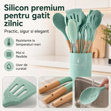 Set Ustensile Bucatarie din Silicon termorezistent Verde, 12 Piese, Maner Lemn, pentru bucatarie - imagine principala produs|Set Ustensile Bucatarie din Silicon termorezistent Verde, 12 Piese, Maner Lemn, pentru bucatarie - detaliu produs 2|Set Ustensile Bucatarie din Silicon termorezistent Verde, 12 Piese, Maner Lemn, pentru bucatarie - detaliu produs 3|Set Ustensile Bucatarie din Silicon termorezistent Verde, 12 Piese, Maner Lemn, pentru bucatarie - detaliu produs 4|Set Ustensile Bucatarie din Silicon termorezistent Verde, 12 Piese, Maner Lemn, pentru bucatarie - detaliu produs 5|Set Ustensile Bucatarie din Silicon termorezistent Verde, 12 Piese, Maner Lemn, pentru bucatarie - detaliu produs 6 [2]