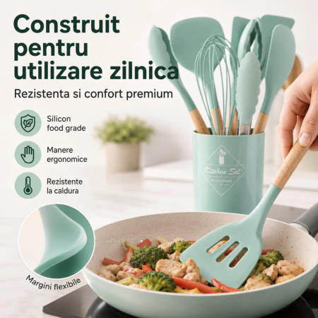 Set Ustensile Bucatarie din Silicon termorezistent Verde, 12 Piese, Maner Lemn, pentru bucatarie - imagine principala produs|Set Ustensile Bucatarie din Silicon termorezistent Verde, 12 Piese, Maner Lemn, pentru bucatarie - detaliu produs 2|Set Ustensile Bucatarie din Silicon termorezistent Verde, 12 Piese, Maner Lemn, pentru bucatarie - detaliu produs 3|Set Ustensile Bucatarie din Silicon termorezistent Verde, 12 Piese, Maner Lemn, pentru bucatarie - detaliu produs 4|Set Ustensile Bucatarie din Silicon termorezistent Verde, 12 Piese, Maner Lemn, pentru bucatarie - detaliu produs 5|Set Ustensile Bucatarie din Silicon termorezistent Verde, 12 Piese, Maner Lemn, pentru bucatarie - detaliu produs 6 [3]