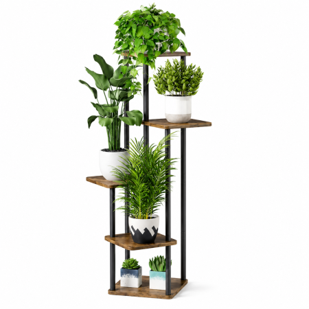 Gradina si terasa - Stand / Suport vertical pentru flori 4 etajere, structura metalica, inaltime 106.3 cm, Black/brown - imagine principala produs