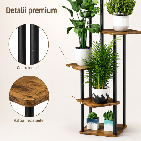Stand / Suport vertical pentru flori 4 etajere, structura metalica, inaltime 106.3 cm, Black/brown - imagine principala produs [3]