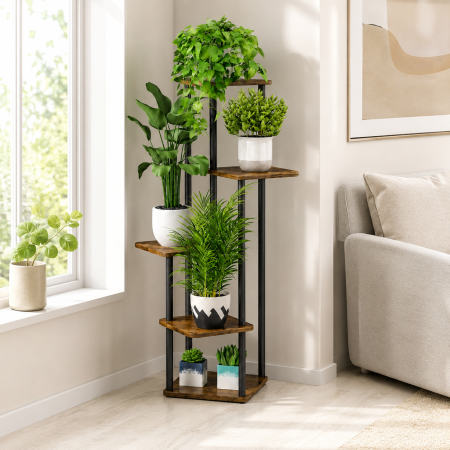Stand / Suport vertical pentru flori 4 etajere, structura metalica, inaltime 106.3 cm, Black/brown - imagine principala produs [5]