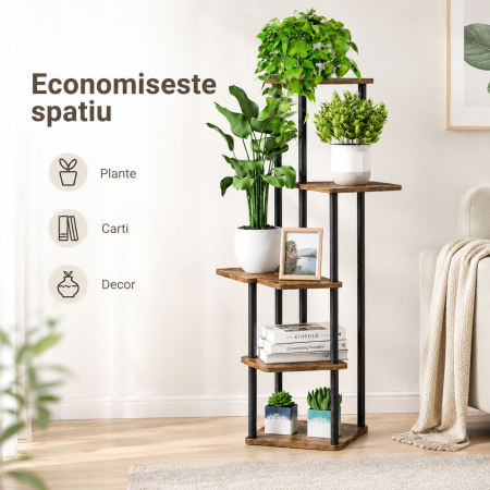 Stand / Suport vertical pentru flori 4 etajere, structura metalica, inaltime 106.3 cm, Black/brown - imagine principala produs [2]