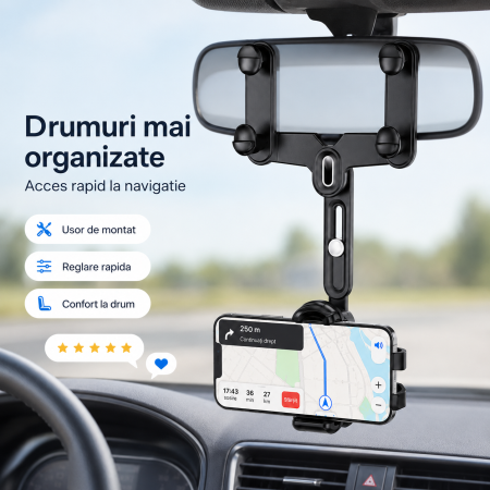 Suport telefon pentru oglinda retrovizoare, rotativ 360°, reglabil pe inaltime si latime, Negru, pentru masina - imagine principala produs|Suport telefon pentru oglinda retrovizoare, rotativ 360°, reglabil pe inaltime si latime, Negru, pentru masina - detaliu produs 2|Suport telefon pentru oglinda retrovizoare, rotativ 360°, reglabil pe inaltime si latime, Negru, pentru masina - detaliu produs 3|Suport telefon pentru oglinda retrovizoare, rotativ 360°, reglabil pe inaltime si latime, Negru, pentru masina - detaliu produs 4|Suport telefon pentru oglinda retrovizoare, rotativ 360°, reglabil pe inaltime si latime, Negru, pentru masina - detaliu produs 5|Suport telefon pentru oglinda retrovizoare, rotativ 360°, reglabil pe inaltime si latime, Negru, pentru masina - detaliu produs 6|Suport telefon pentru oglinda retrovizoare, rotativ 360°, reglabil pe inaltime si latime, Negru, pentru masina - detaliu produs 7 [5]
