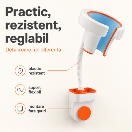 Suport pentru uscator de par cu montare pe perete, fara perforare, unghi reglabil, plastic rezistent [2]