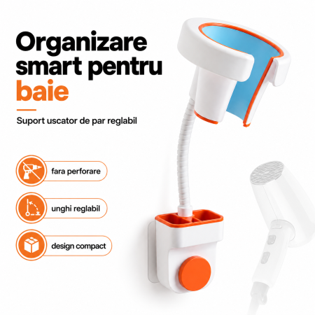Baie - Suport pentru uscator de par cu montare pe perete, fara perforare, unghi reglabil, plastic rezistent