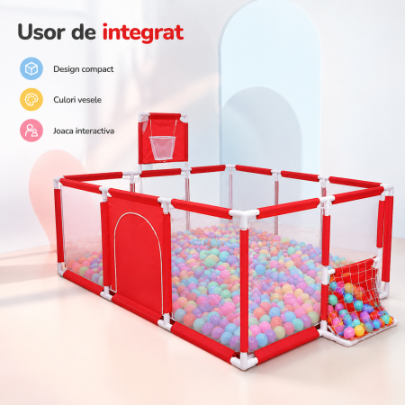 Tarc de joaca copii. 120×180 cm, plasa protectie, cos mingi, structura stabila, Rosu - imagine principala produs [3]