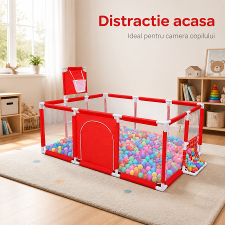 Tarc de joaca copii. 120×180 cm, plasa protectie, cos mingi, structura stabila, Rosu - imagine principala produs [2]