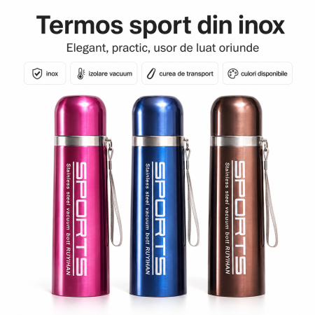 Casa si Gradina - Termos din otel inoxidabil cu izolatie vacuum, perete dublu, 500 ml, capac sigur, Albastru