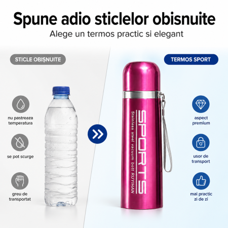 Termos din otel inoxidabil cu izolatie vacuum, perete dublu, 500 ml, capac sigur, Maro [1]