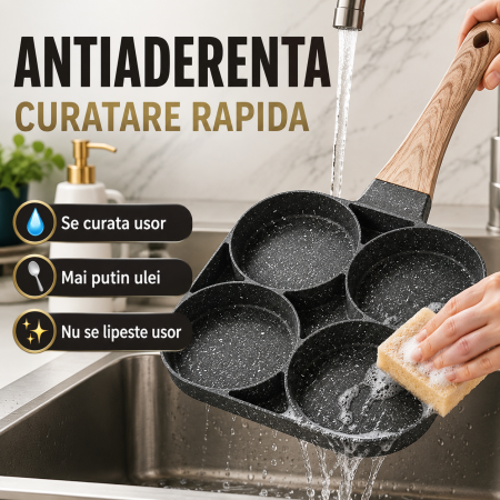 Tigaie antiaderenta  cu 4 compartimente, aluminiu, maner din lemn, 32 cm, gri [2]