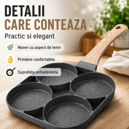 Tigaie antiaderenta  cu 4 compartimente, aluminiu, maner din lemn, 32 cm, gri [4]
