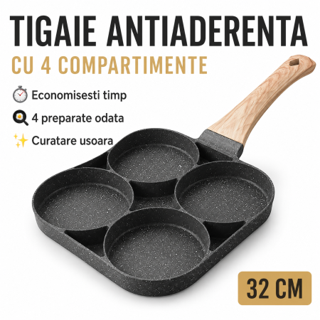 Casa si Gradina - Tigaie antiaderenta  cu 4 compartimente, aluminiu, maner din lemn, 32 cm, gri