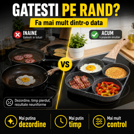 Tigaie antiaderenta  cu 4 compartimente, aluminiu, maner din lemn, 32 cm, gri [1]