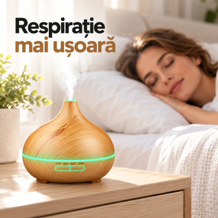 Umidificator difuzor de aroma ultrasonic 400 ml, abur rece, LED 7 culori, temporizator 1/3/6h, 13W, aspect lemn [1]