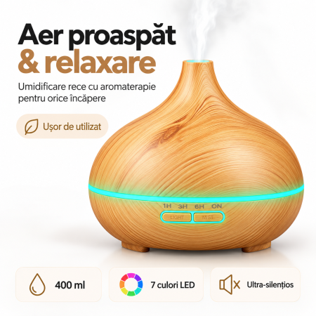 Umidificatoare și difuzoare de aromă - Umidificator difuzor de aroma ultrasonic 400 ml, abur rece, LED 7 culori, temporizator 1/3/6h, 13W, aspect lemn