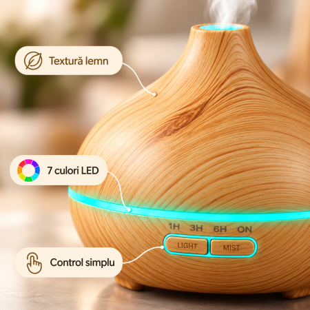 Umidificator difuzor de aroma ultrasonic 400 ml, abur rece, LED 7 culori, temporizator 1/3/6h, 13W, aspect lemn [4]
