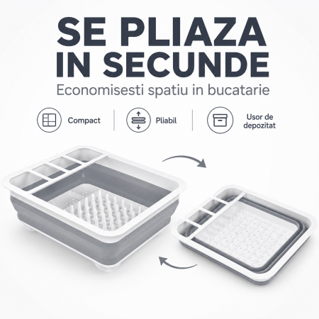 Uscator pliabil pentru vase si tacamuri cu picurator, din silicon, 31 x 16,2 cm, gri-alb [1]