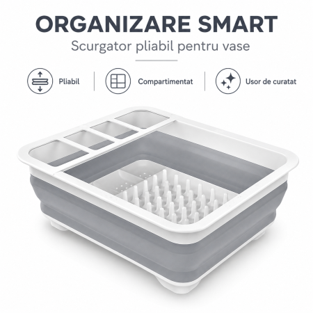 Casa si Gradina - Uscator pliabil pentru vase si tacamuri cu picurator, din silicon, 31 x 16,2 cm, gri-alb