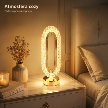 Veioza de Noptiera cu Abajur Cristal Acril & ABS, 5W, 3000mAh, Tactila cu 3 Culori, Auriu - imagine principala produs [3]