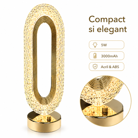 Veioza de Noptiera cu Abajur Cristal Acril & ABS, 5W, 3000mAh, Tactila cu 3 Culori, Auriu - imagine principala produs [2]