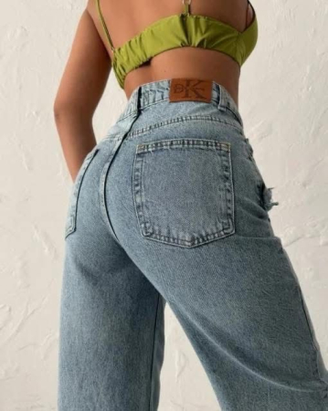 Blugi Wide Leg - cu abraziuni în zona buzunarelor [1]