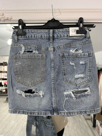 Fuste - Fustă Denim cu strasuri argintii
