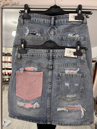 Fuste - Fustă Denim cu strasuri roz