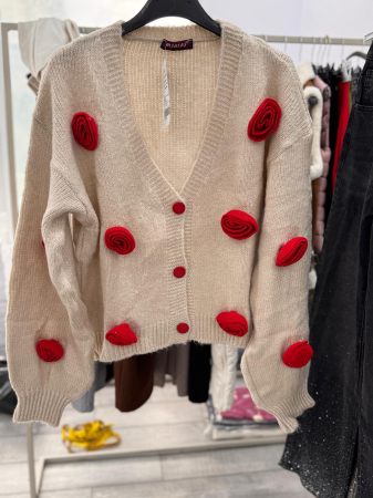 Pulover - Pulover accesorizat cu trandafiri - Bej