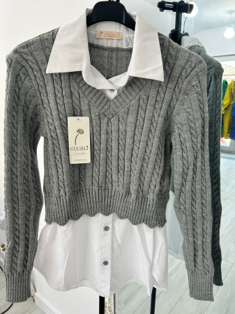 Pulover - Pulover Tip Camasa Gri