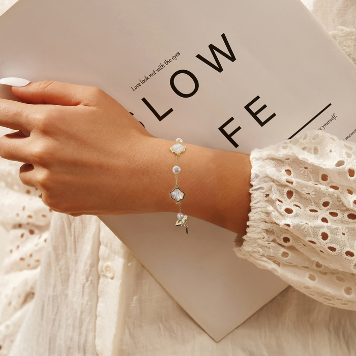 Bratara din argint 925 placat cu aur 14k perle naturale de culturasi piatra de sidef [4]