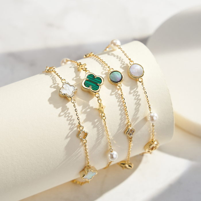 Bratara din argint 925 placat cu aur 14k piatra de sidef si malachita [5]