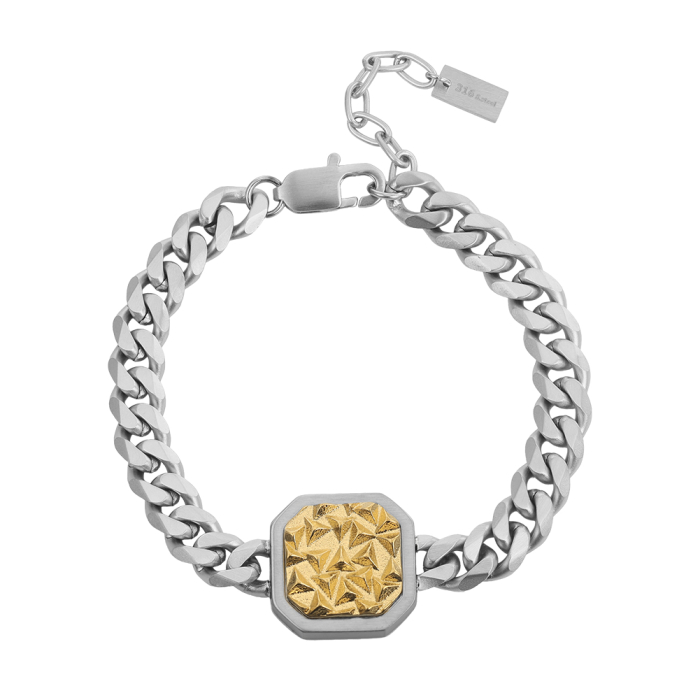 Brățară Masivă Bărbați, Stil Cuban Link cu Placă Centrală Texturată, Argintie, Oțel Inoxidabil 316, Lungime Ajustabilă 19 + 5 cm, Grosime 8 mm [2]