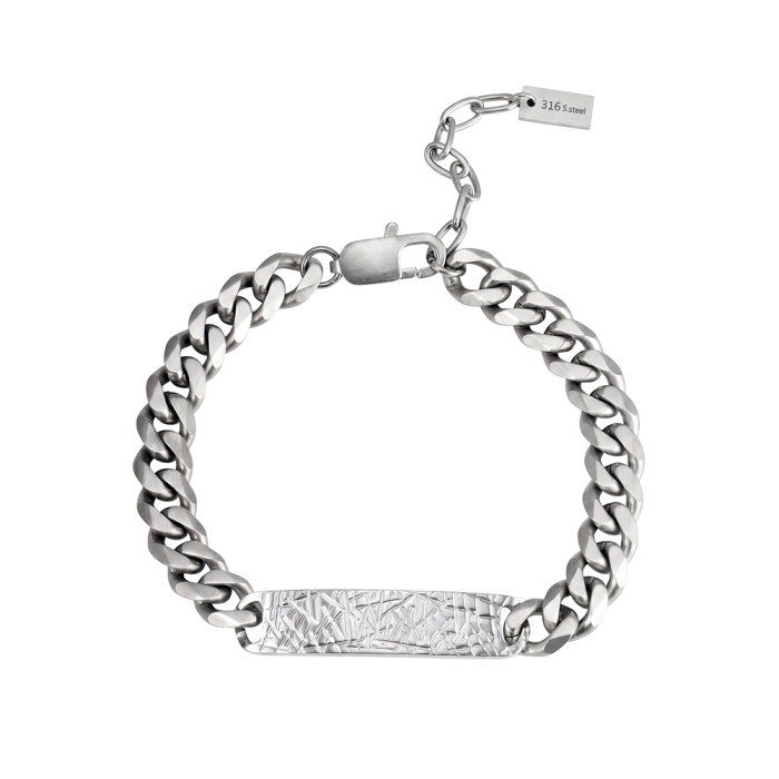Brățară Masivă Bărbați, Stil Cuban Link cu Placă Centrală Texturată, Argintie, Oțel Inoxidabil 316, Lungime Ajustabilă 19 + 5 cm, Grosime 9 mm [3]