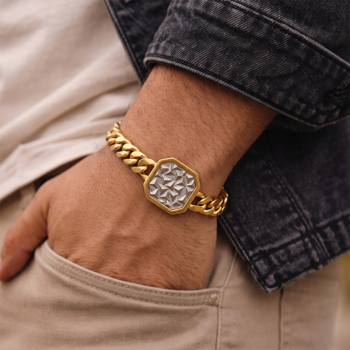 Brățară Masivă Bărbați, Stil Cuban Link cu Placă Centrală Texturată, Aurie, Oțel Inoxidabil 316, placat cu aur de 18k, Lungime Ajustabilă 19 + 5 cm, Grosime 8 mm [2]