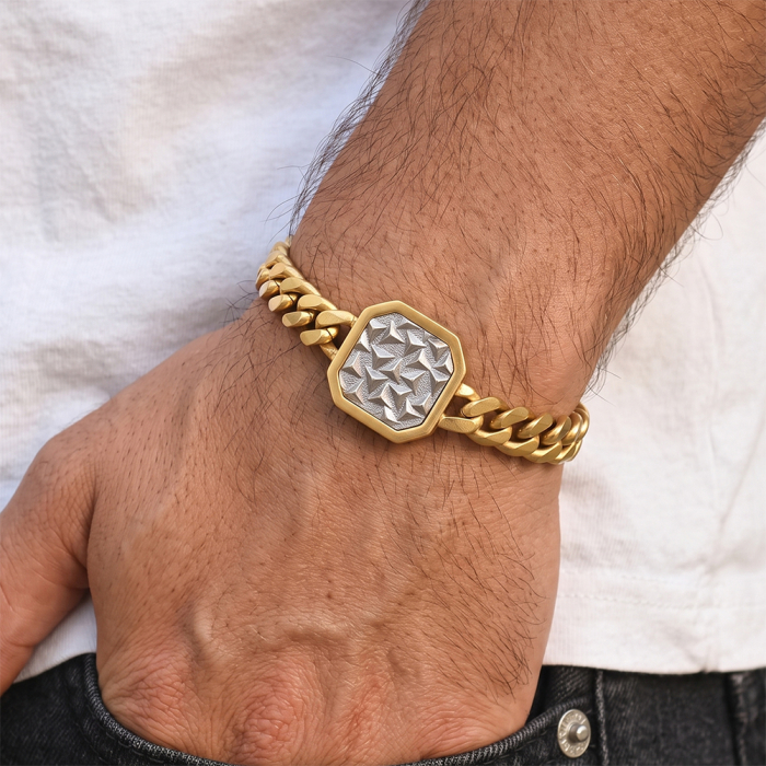 Brățară Masivă Bărbați, Stil Cuban Link cu Placă Centrală Texturată, Aurie, Oțel Inoxidabil 316, placat cu aur de 18k, Lungime Ajustabilă 19 + 5 cm, Grosime 8 mm [3]