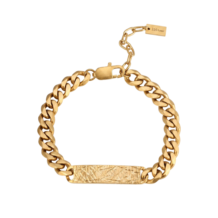 Brățară Masivă Bărbați, Stil Cuban Link cu Placă Centrală Texturată, Aurie, Oțel Inoxidabil 316, placat cu aur de 18k Lungime Ajustabilă 19 + 5 cm, Grosime 9 mm [5]