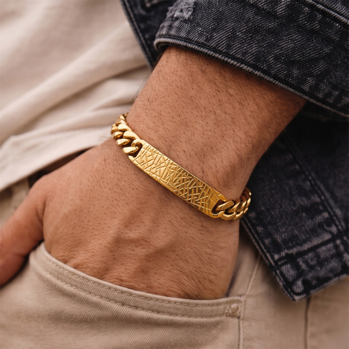 Brățară Masivă Bărbați, Stil Cuban Link cu Placă Centrală Texturată, Aurie, Oțel Inoxidabil 316, placat cu aur de 18k Lungime Ajustabilă 19 + 5 cm, Grosime 9 mm [4]