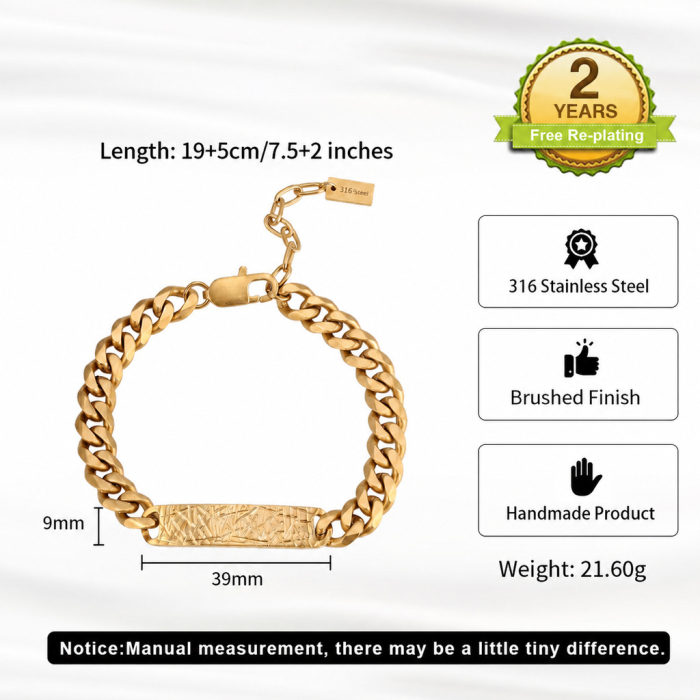 Brățară Masivă Bărbați, Stil Cuban Link cu Placă Centrală Texturată, Aurie, Oțel Inoxidabil 316, placat cu aur de 18k Lungime Ajustabilă 19 + 5 cm, Grosime 9 mm [2]