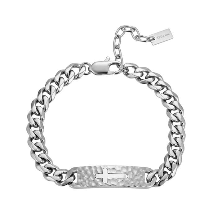Brățară Masivă Bărbați, Stil Curb Chain cu Placă Centrală Texturată și Cruce, Argintie, Oțel Inoxidabil 316, Lungime Ajustabilă 19 + 5 cm, Grosime 9.5 mm [2]