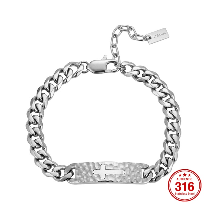 Brățară Masivă Bărbați, Stil Curb Chain cu Placă Centrală Texturată și Cruce, Argintie, Oțel Inoxidabil 316, Lungime Ajustabilă 19 + 5 cm, Grosime 9.5 mm [3]