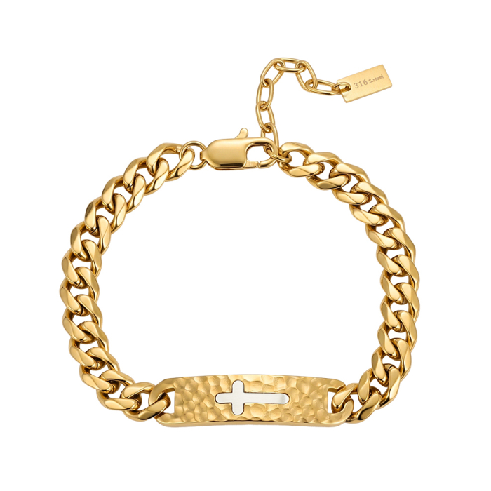 Brățară Masivă Bărbați, Stil Curb Chain cu Placă Centrală Texturată și Cruce, Aurie, Oțel Inoxidabil 316, placat cu aur de 18k, Lungime Ajustabilă 19 + 5 cm, Grosime 9.5 mm [4]