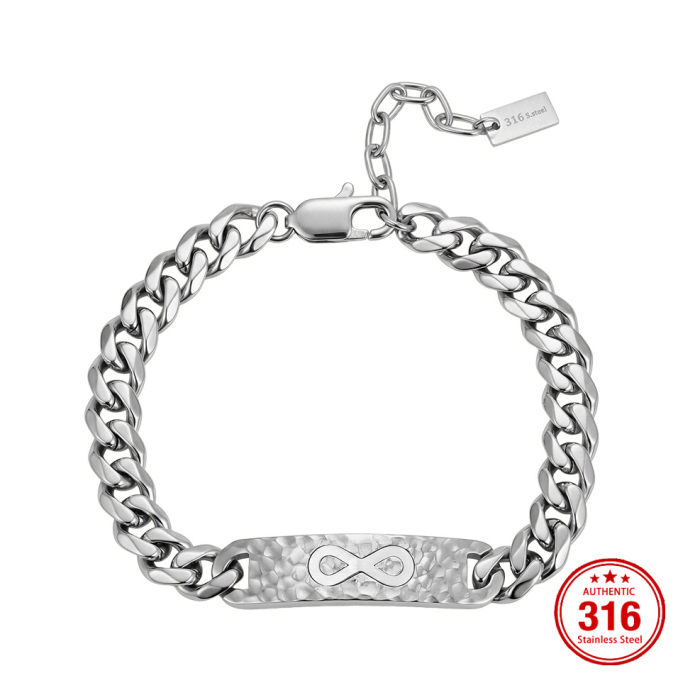 Brățară Masivă Bărbați, Stil Curb Chain cu Placă Centrală Texturată și Simbolul Infinitului, Argintie, Oțel Inoxidabil 316, Lungime Ajustabilă 19 + 5 cm, Grosime 9.5 mm [2]