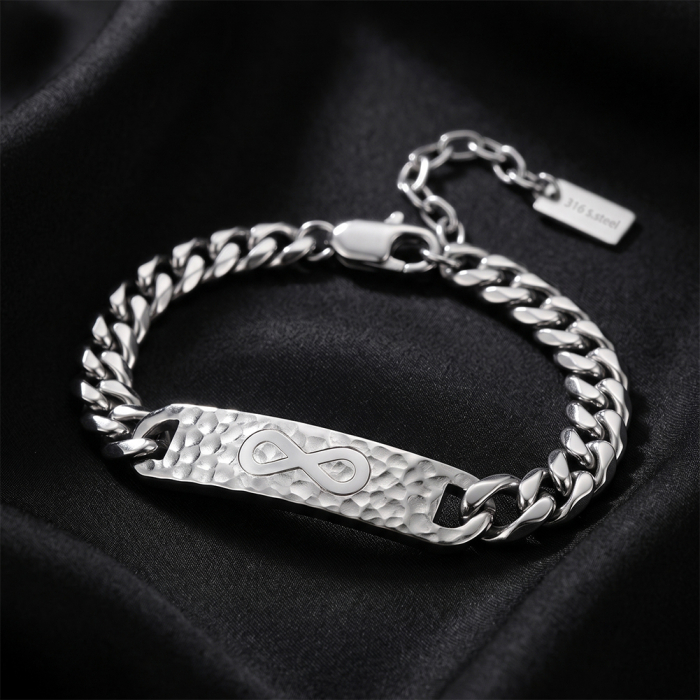Brățară Masivă Bărbați, Stil Curb Chain cu Placă Centrală Texturată și Simbolul Infinitului, Argintie, Oțel Inoxidabil 316, Lungime Ajustabilă 19 + 5 cm, Grosime 9.5 mm [3]