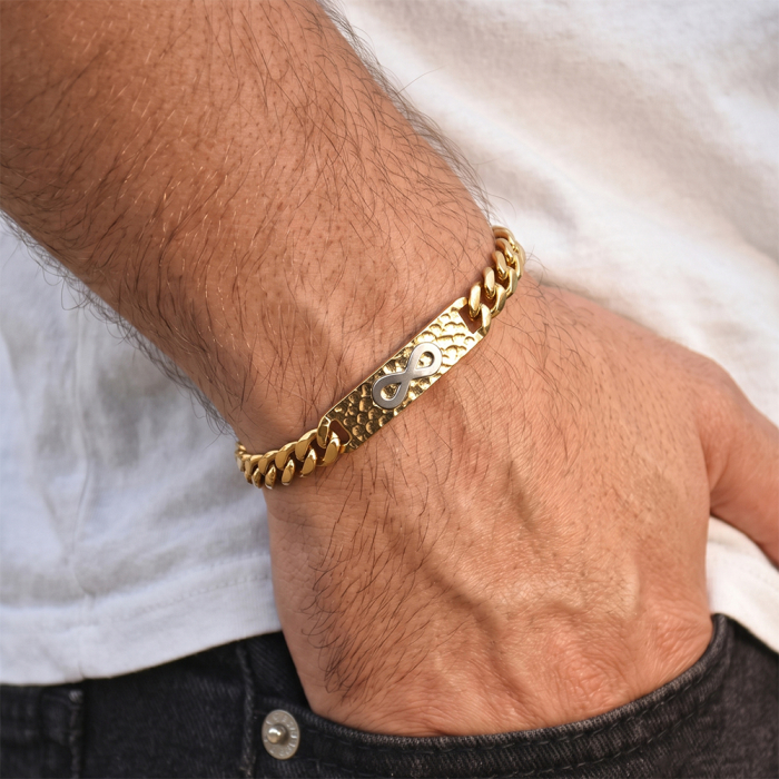 Brățară Masivă Bărbați, Stil Curb Chain cu Placă Centrală Texturată și Simbolul Infinitului, Aurie, Oțel Inoxidabil 316, placat cu aur de 18k Lungime Ajustabilă 19 + 5 cm, Grosime 9.5 mm [2]