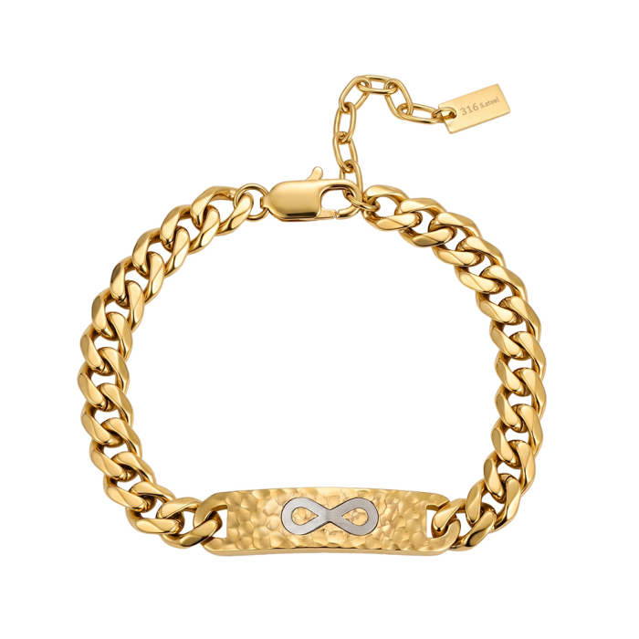 Brățară Masivă Bărbați, Stil Curb Chain cu Placă Centrală Texturată și Simbolul Infinitului, Aurie, Oțel Inoxidabil 316, placat cu aur de 18k Lungime Ajustabilă 19 + 5 cm, Grosime 9.5 mm [3]