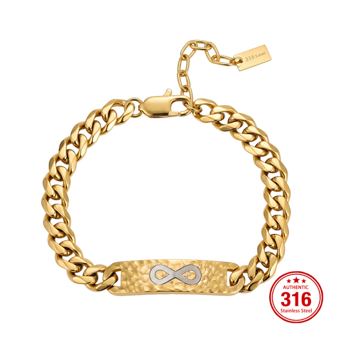 Brățară Masivă Bărbați, Stil Curb Chain cu Placă Centrală Texturată și Simbolul Infinitului, Aurie, Oțel Inoxidabil 316, placat cu aur de 18k Lungime Ajustabilă 19 + 5 cm, Grosime 9.5 mm [4]